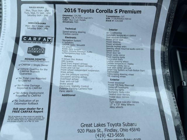 2016 Toyota COROLLA S Premium