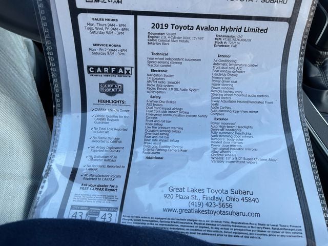 2019 Toyota AVALON HYBRID Limited