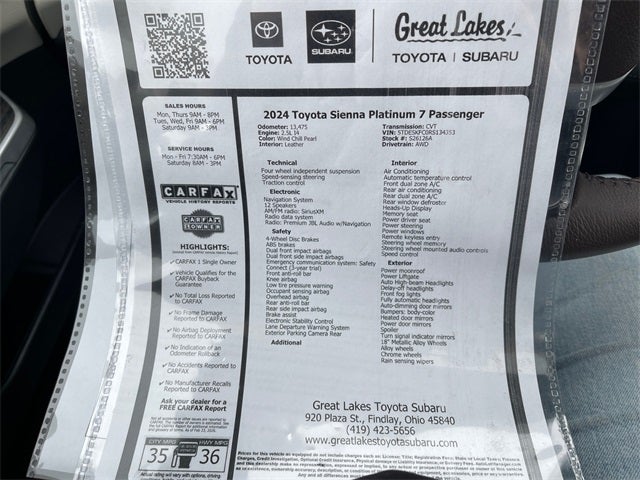 2024 Toyota SIENNA PLT AWD Platinum 7 Passenger