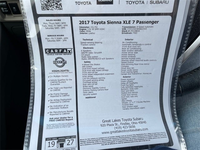 2017 Toyota SIENNA XLE 3.5L XLE 7 Passenger