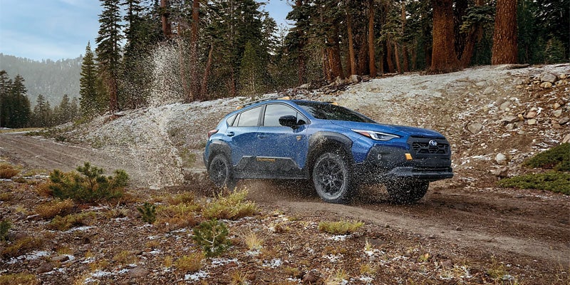 Blue SUV driving on a muddy forest trail